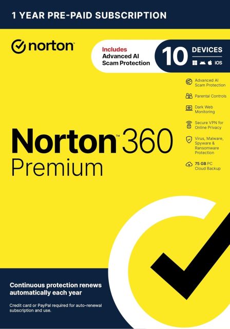 Norton 360 Premium, Antivirus software for 10 Devices + 75 GB Cloud Storage
